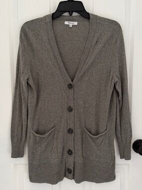 Madewell Gray Silk Blend Button-Front V-Neck Relaxed Boyfriend Cardigan Sweater